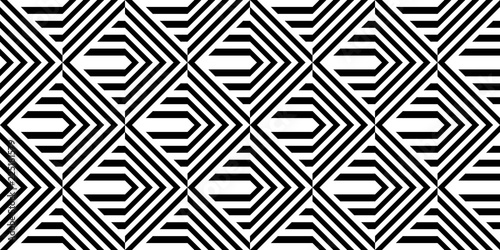 Seamless pattern with striped black white straight lines and diagonal inclined lines (zigzag, chevron). Optical illusion effect, op art. Vector vibrant decorative background, texture.