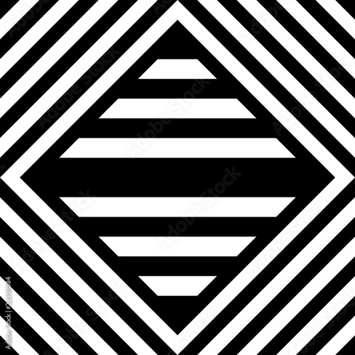 Seamless pattern with striped black white straight lines and diagonal inclined lines (zigzag, chevron). Optical illusion effect, op art. Vector vibrant decorative background, texture.