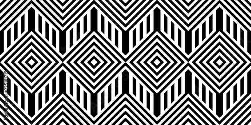 BroSeamless pattern with striped black white straight lines and diagonal inclined lines (zigzag, chevron). Optical illusion effect, op art. Background for cloth, fabric, textile, tartan.