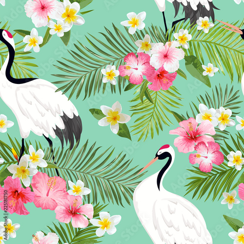 Seamless Pattern with Japanese Cranes and Tropical Flowers  Retro Bird Background  Floral Fashion Print  Birthday Japanese Decoration Set. Vector Illustration