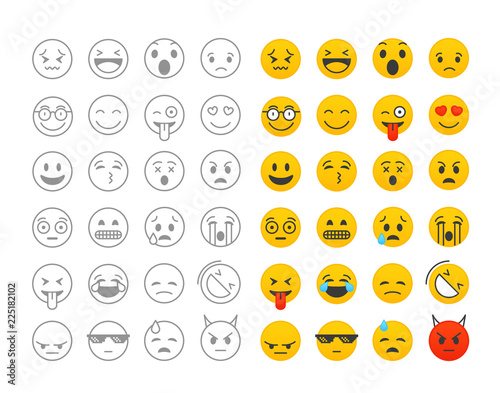 Different color emoji collection isolated on white. Vector clip-art