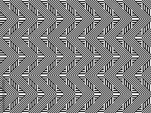 Seamless pattern with striped black white straight lines and diagonal inclined lines. Optical illusion effect. Geometric op art style. Vector illusive background for cloth, textile, print, web.