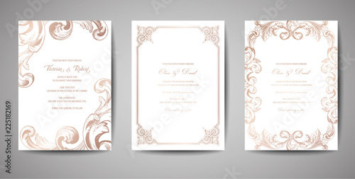 Set of Luxury Vintage Wedding Save the Date, Invitation Cards Collection with Gold Foil Frame and Wreath. Vector trendy cover, graphic poster, retro brochure, design template
