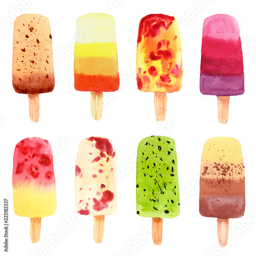 Set of colorful frozen juice popsicles in pink, green, orange colors isolated on white background. photo