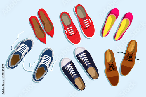 Set of women's and men's shoes top view. Pink and red female shoes. Red women's sneakers. Brown men's shoes. Blue men's sneakers. Flat vector women's and men's shoes isolated on light blue background