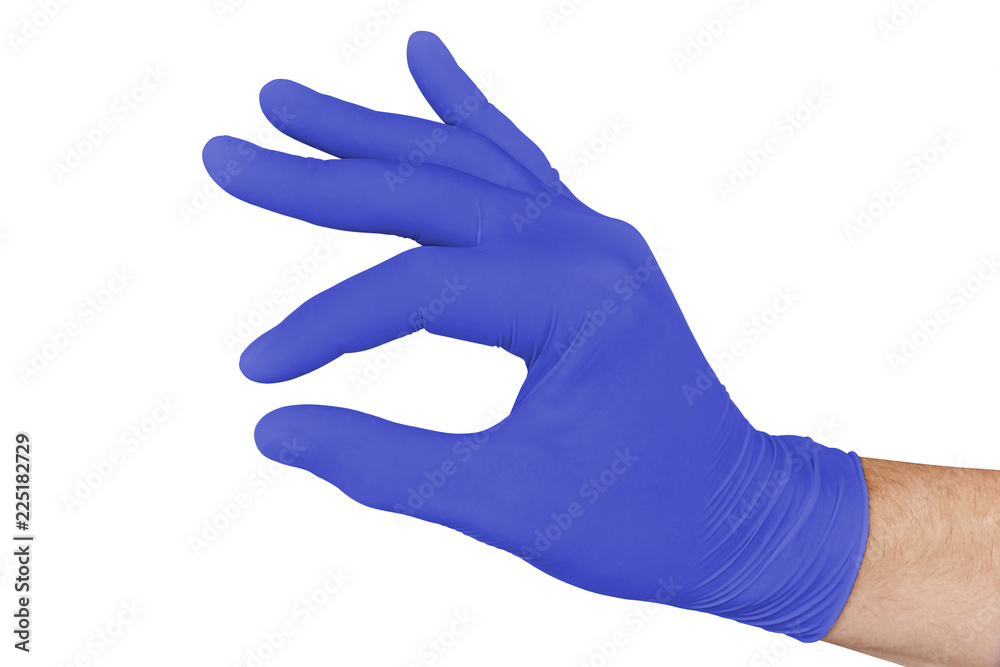 Hand in blue medical glove pretending to hold medicine isolated on white background