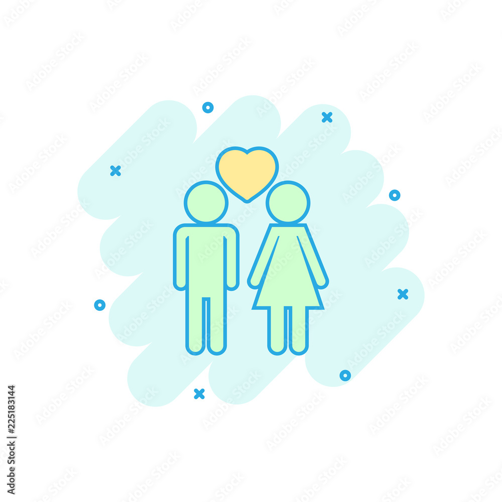 Cartoon colored man and woman with heart icon in comic style. Love people illustration pictogram. Relations sign splash business concept. Cartoon colored man and woman with heart icon in comic style. Love people illustration pictogram. Relations sign splash business concept.