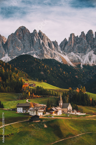 Santa Maddalena (St Magdalena) village with magical Dolomites mountains in background, Val di Funes valley, Trentino Alto Adige region, Italy, Europe