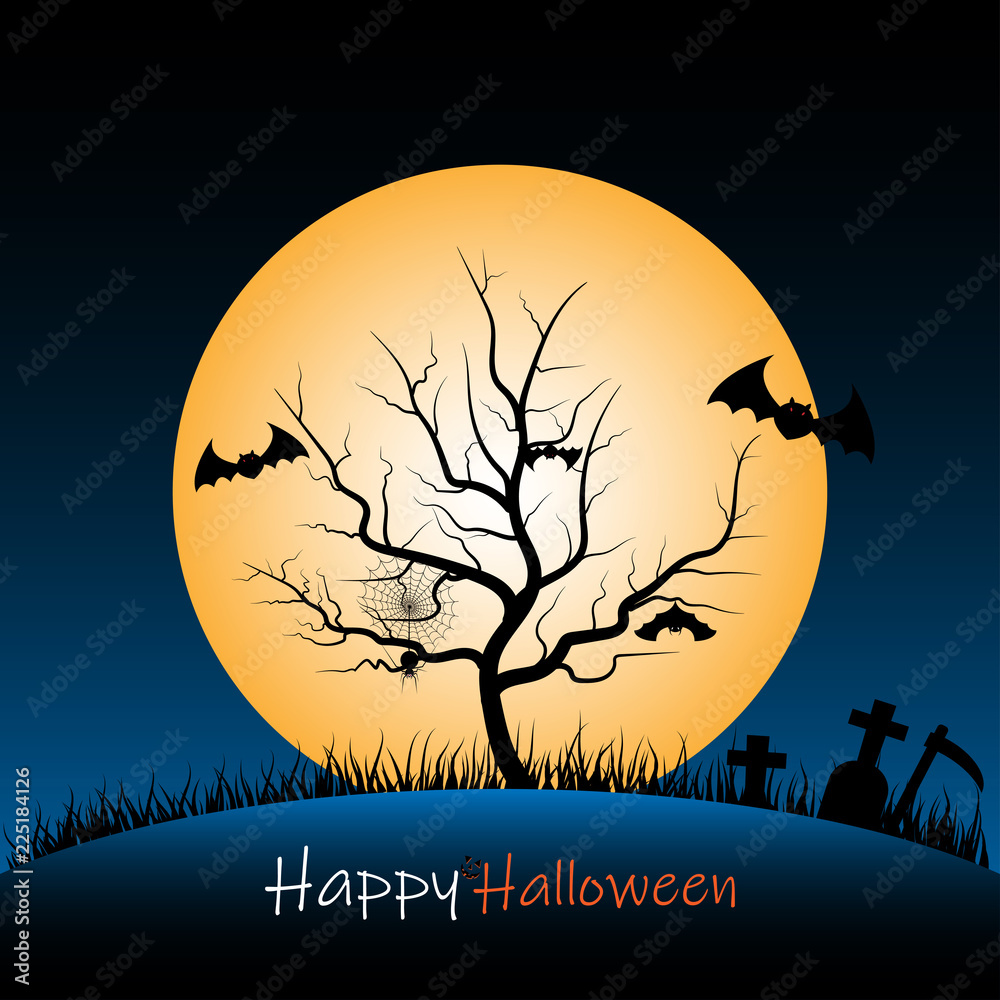 Halloween night background with tree carcass and full moon - vector illustration