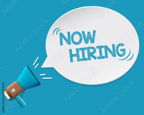 Hand holding megaphone with Now Hiring text. Hand holding megaphone with open space for your text.
