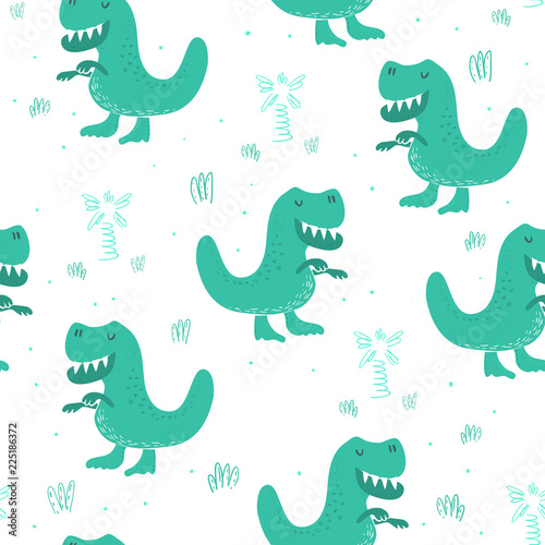 Cute seamless pattern with funny dinosaurs. vector illustration.