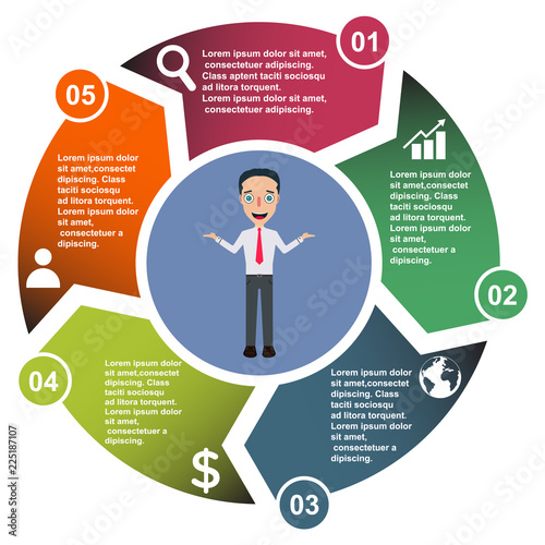 5 step vector element in five colors with labels, infographic diagram. Business concept of 5 steps or options with businessman