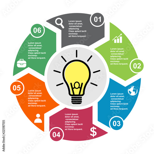 6 step vector element in six colors with labels, infographic diagram. Business concept of 6 steps or options with light bulb