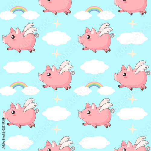 cute cartoon kawaii piglets flying in the sky between clouds and rainbows