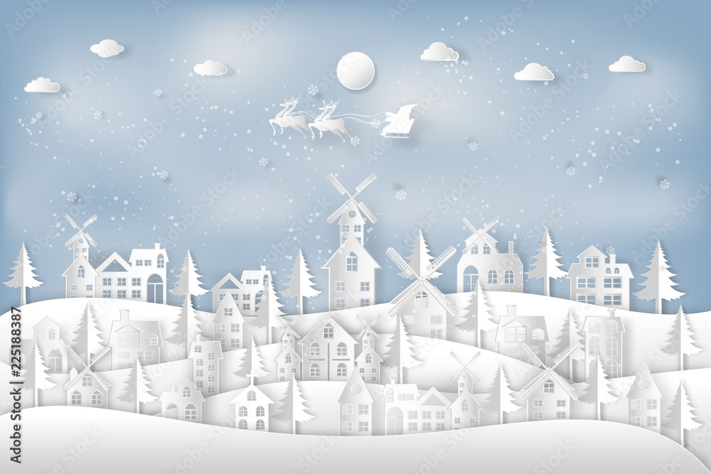 Santa Claus on Sleigh and Reindeer in the snow village in the winter background as holiday and x'mas day concept. vector illustration.