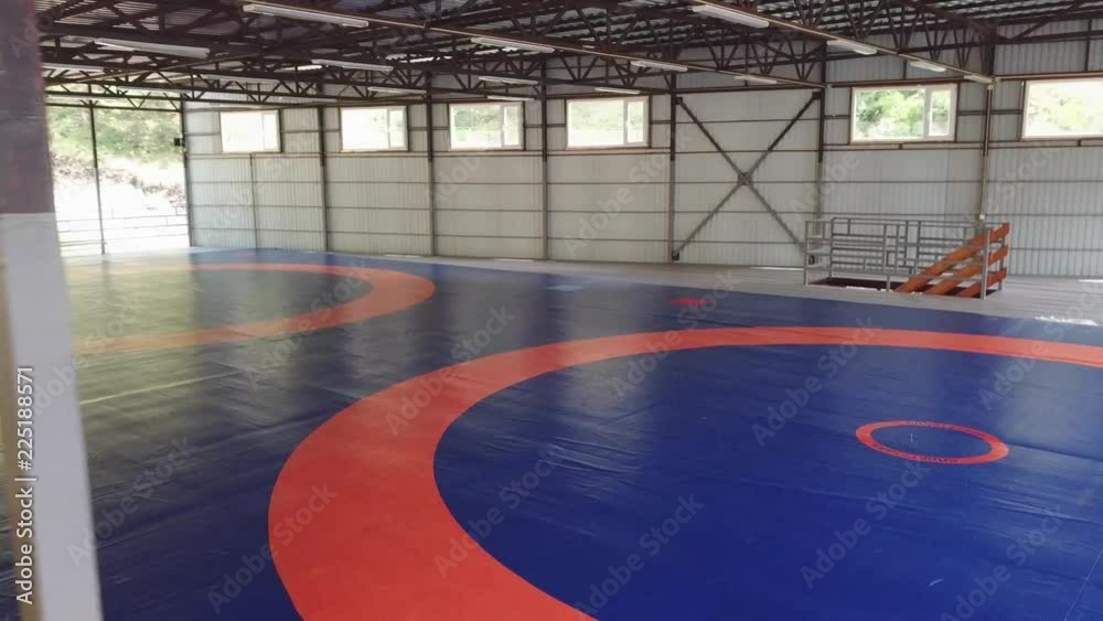 A large gym for wrestling without people with mats and blue color