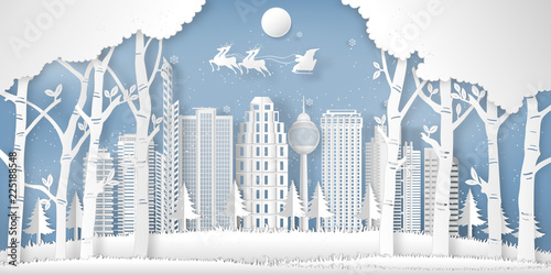 Santa Claus on the sky in the winter season with cityscape , forest and snow  as Paper art and digital craft style concept. vector illustration