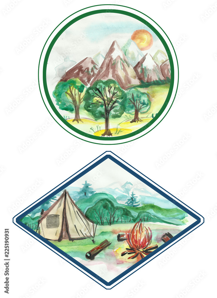Fototapeta premium Watercolor label for nature and tourism.
