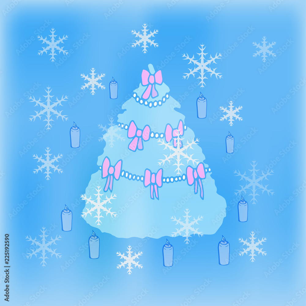 Christmas tree on a blue background. Snowflakes. Traditional Christmas tree. Christmas tree on a blue background. Snowflakes. Traditional Christmas tree.