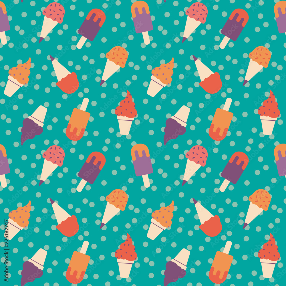 Joyful ice cream vector pattern. Seamless repeat design with decent mint colored polka dot background. Trendy colorful minimal design. Perfect for card design, apparel, wallpapers, scrapbooking etc.