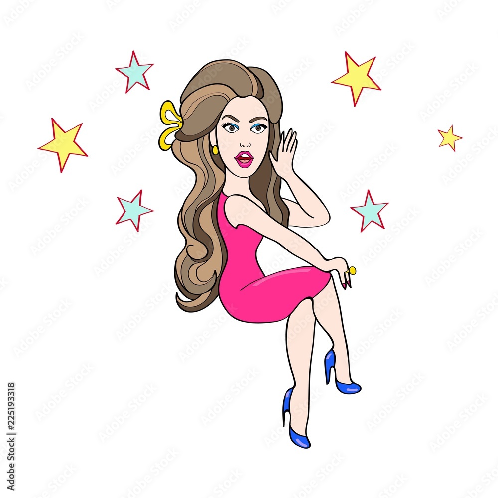 Vector illustration. Image of a sitting girl in a red dress. Vector illustration. Image of a sitting girl in a red dress.