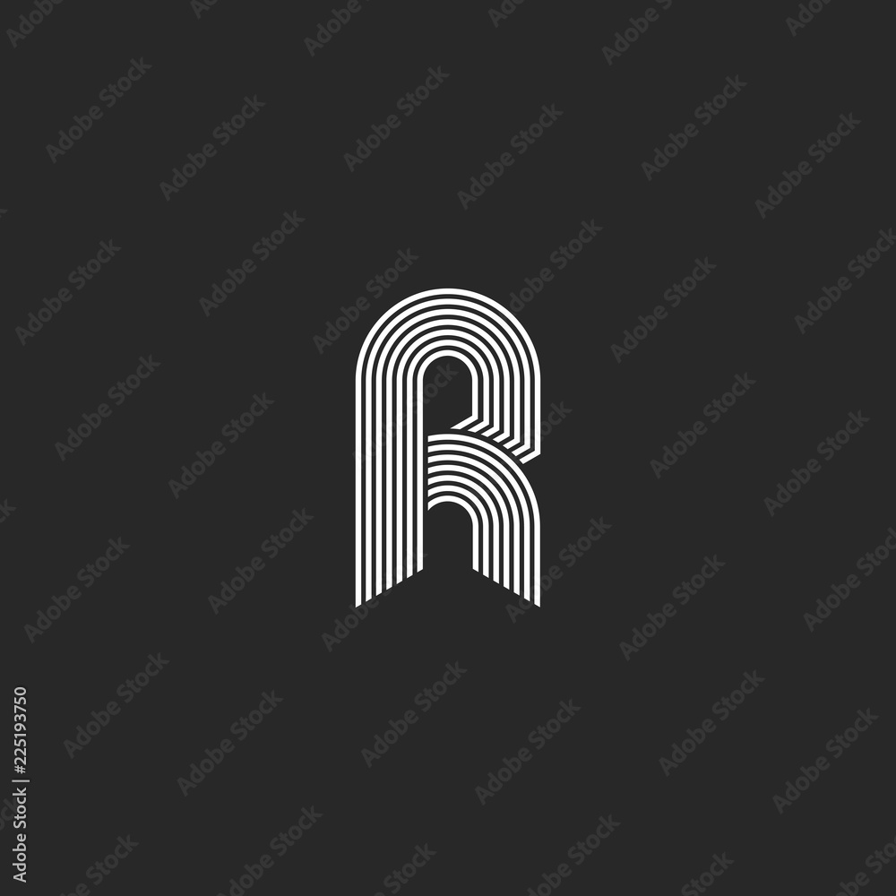 Hipster white letter r monogram linear or icon on black background ...