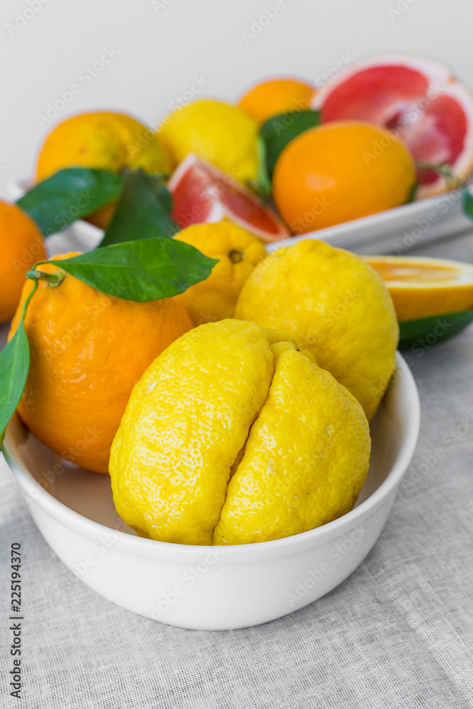 Citrus fruits on plate. Oranges, grapefruits and lemons with leaves. Citrus fruits on plate. Oranges, grapefruits and lemons with leaves.