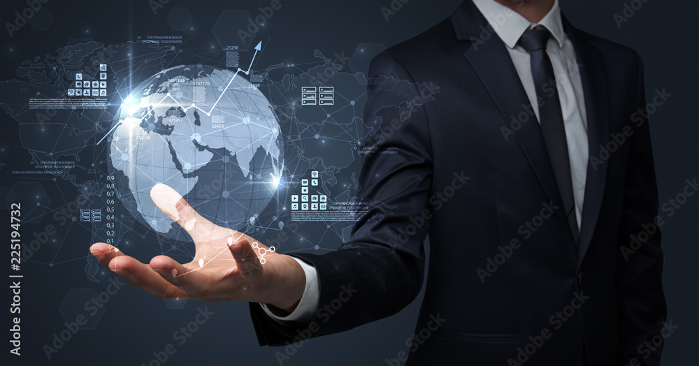 Obraz premium Businessman handing transparent global information flow concept on his hand