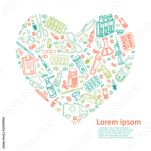 hand drawn medical doodle shaped in heart. Vector illustration