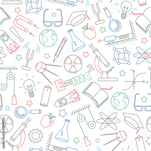 Seamless pattern on the theme of the subject of physics education, simple dark contour icons painted with colored markers on white background