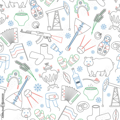 Seamless pattern on the theme of travel in the country of Russia, a simple outline of cartoon icons with a typical country characters, painted with colored markers on white background