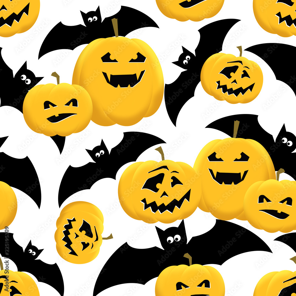 Halloween october pumpkins and flying black bats isolated on white background. Holiday seamless pattern with smiling pumpkin fruits. Creative texture decoration, wallpaper, fabric print, web design