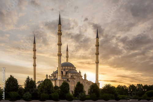 Mosque "Heart of Chechnya" against the backdrop of a beautiful sky at dawn