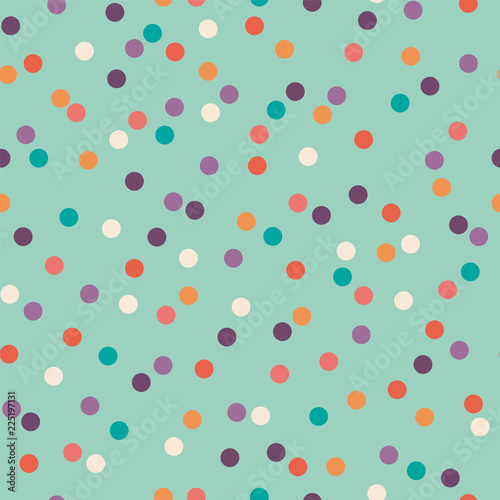 Appealing happy dot pattern, seamless repeat. Beautiful harmonic yet contrasty colors. Trendy minimal vector design. Suitable for fabrics, paper products, cards, scrapbooking, wallpapers and more.