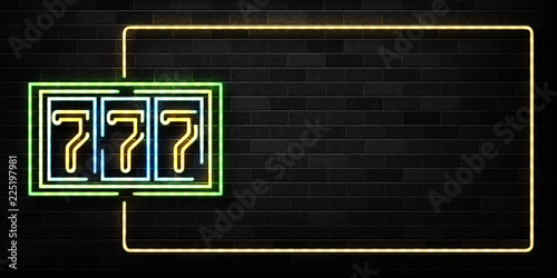 Vector realistic isolated neon sign of Slot Machine frame logo for decoration and covering on the wall background. Concept of jackpot and gambling. Banner for casino promotion and advertising.