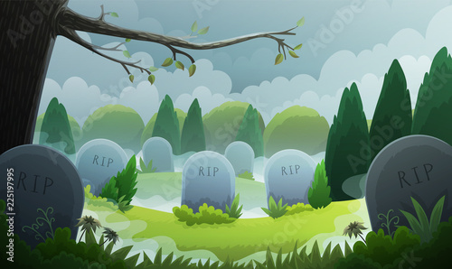 Landscape of a graveyard with old tombstones among grass and trees. Grey clouds and spooky fog. Vector illustration.