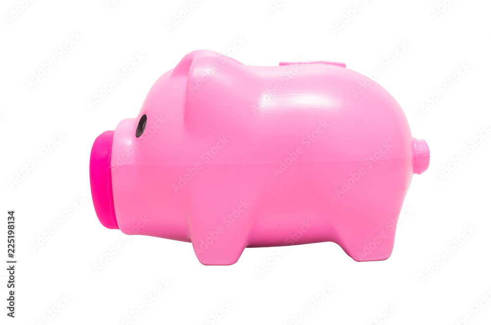 happy pink piggy bank saving for money save concept isolated on white background.