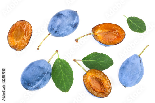 plums with leaf isolated on a white background. Top view. Flat lay pattern