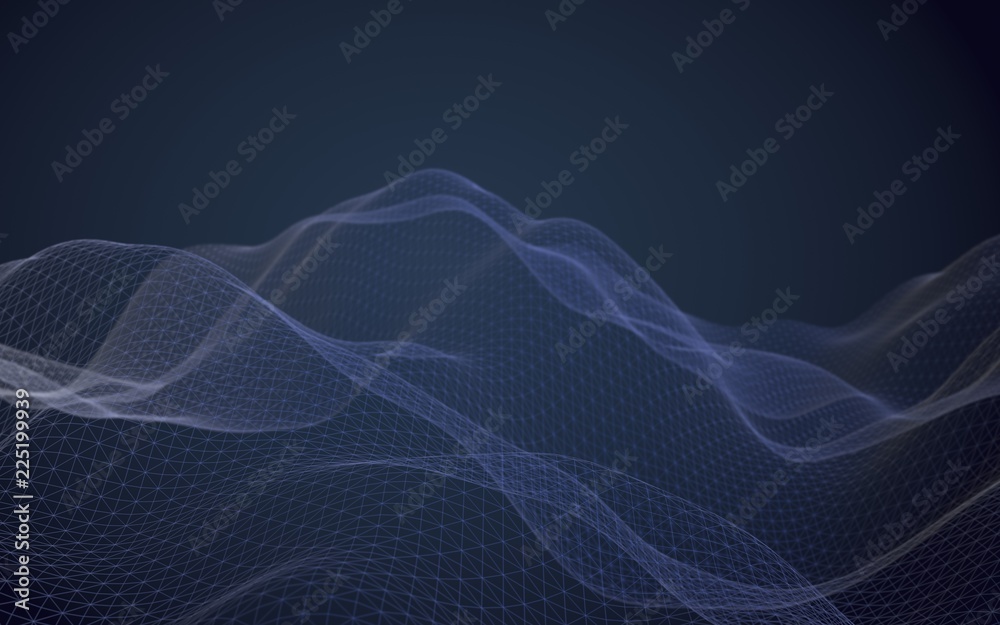 Abstract landscape on a dark background. Cyberspace navy blue grid. Hi-tech network. 3D illustration Abstract landscape on a dark background. Cyberspace navy blue grid. Hi-tech network. 3D illustration
