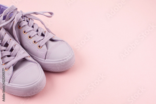 Fashion blog or magazine concept. Pink female sneakers over pastel pink background. Flat lay, top view