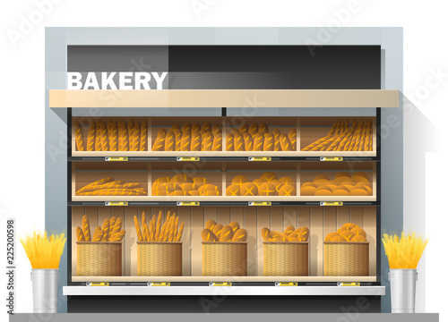 Different kinds of bread display on shelf in supermarket , vector , illustration