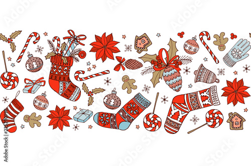 Merry Christmas doodle seamless pattern background frame border. Christmas stocking socks, decoration and presents. Hand drawn vector illustration doodle style for your wallpaper or textile design