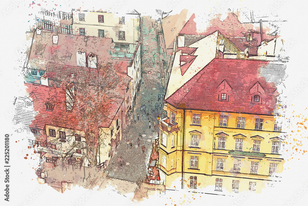 Fototapeta premium A watercolor sketch or an illustration of the traditional architecture in Cesky Krumlov in the Czech Republic.