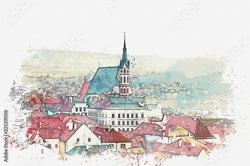A watercolor sketch or an illustration of traditional architecture and a church in Cesky Krumlov in the Czech Republic.