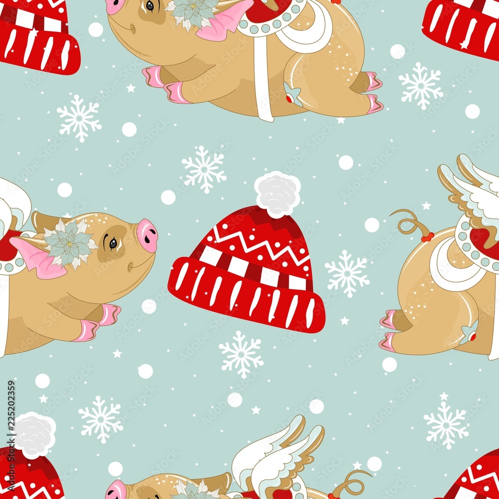 Seamless pattern with Christmas pig on winter background. For printing on fabric, postcards, paper. Vector illustration. Seamless pattern with Christmas pig on winter background. For printing on fabric, postcards, paper. Vector illustration.