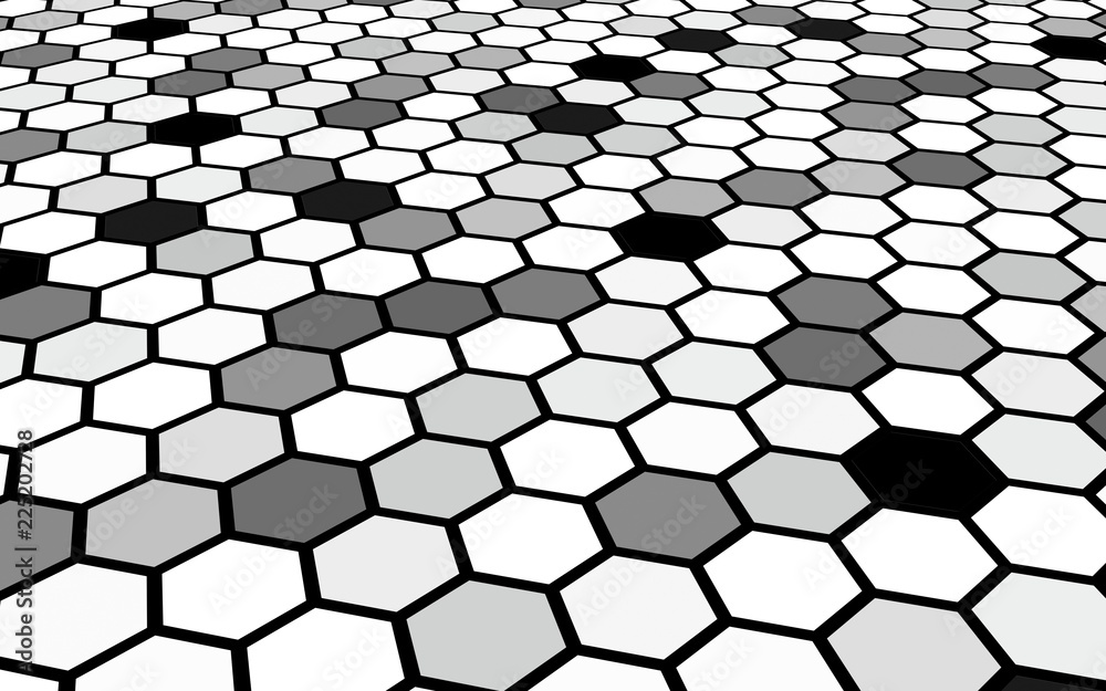 Black honeycomb with a gradient color. Perspective view on polygon look like honeycomb. Isometric geometry. 3D illustration