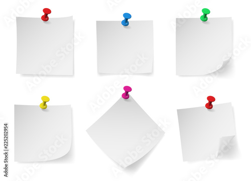 Realistic colored pin push with note paper. Vector illustration.