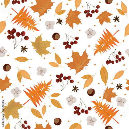 Autumn seamless pattern. Isolated objects on white background. Pumpkin, berries and leaves