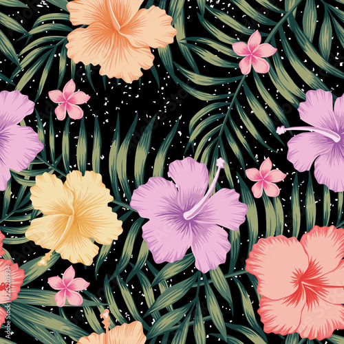 tropical leaves hibiscus frangipani seamless black background