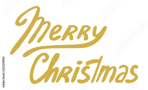 Merry Christmas festive hand drawn text. Golden holidays logo for banners, greetings cards, wrapping paper, scrapbooking, prints, design. Freehand yellow cartoon inscription, title in vintage style